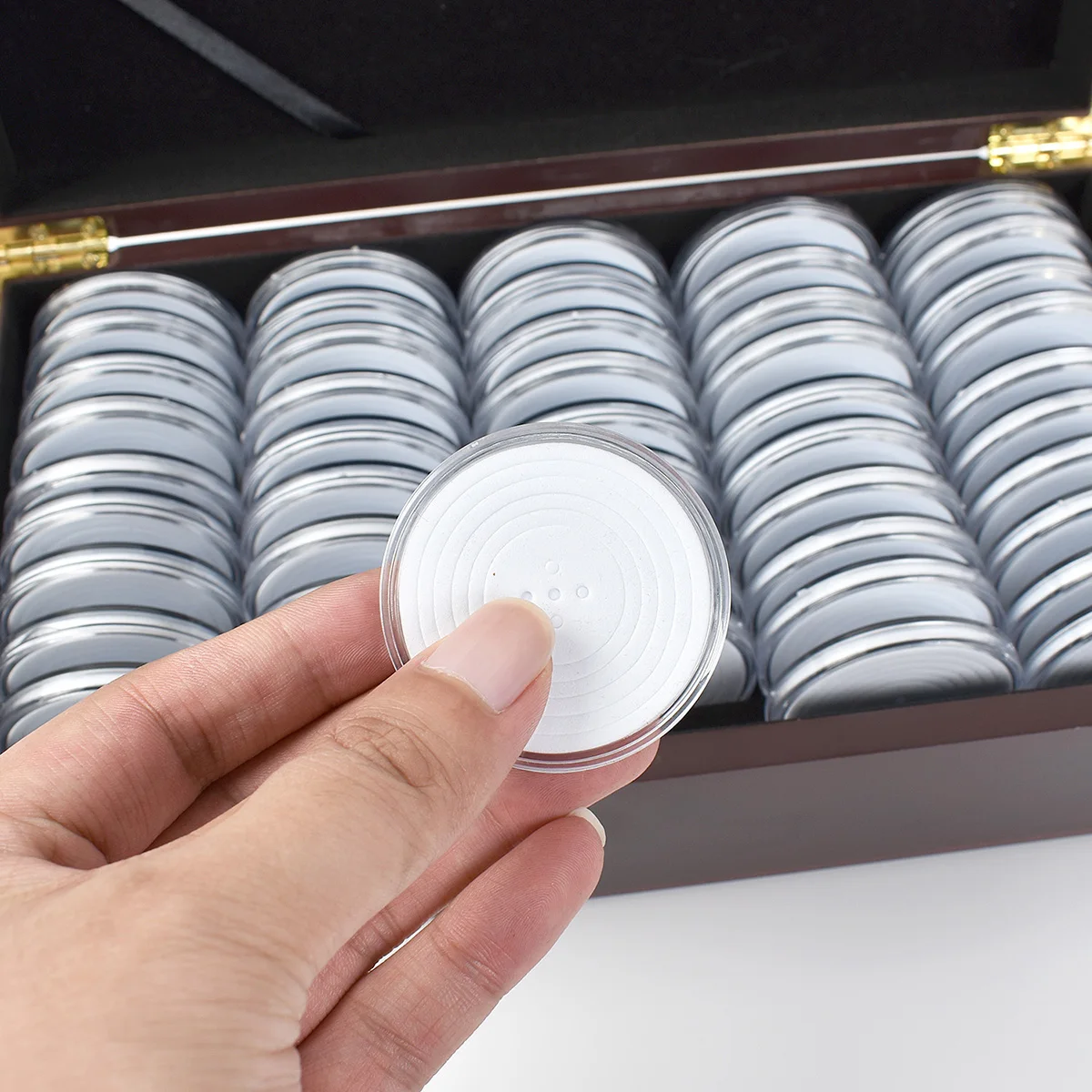 50Pcs 46mm Adjustable Coin Capsules with Foam Inserts Dark Wooden Coin Collection Box Round Coin Protector Cases Commemorative Coin Medal Storage Organizer for Collectors