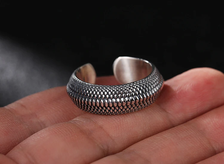 S925 Sterling Silver Personalized Fish Scale Raised Face Open Ring for Men Thai Silver Retro Trendy Scale Punk Index Finger Ring