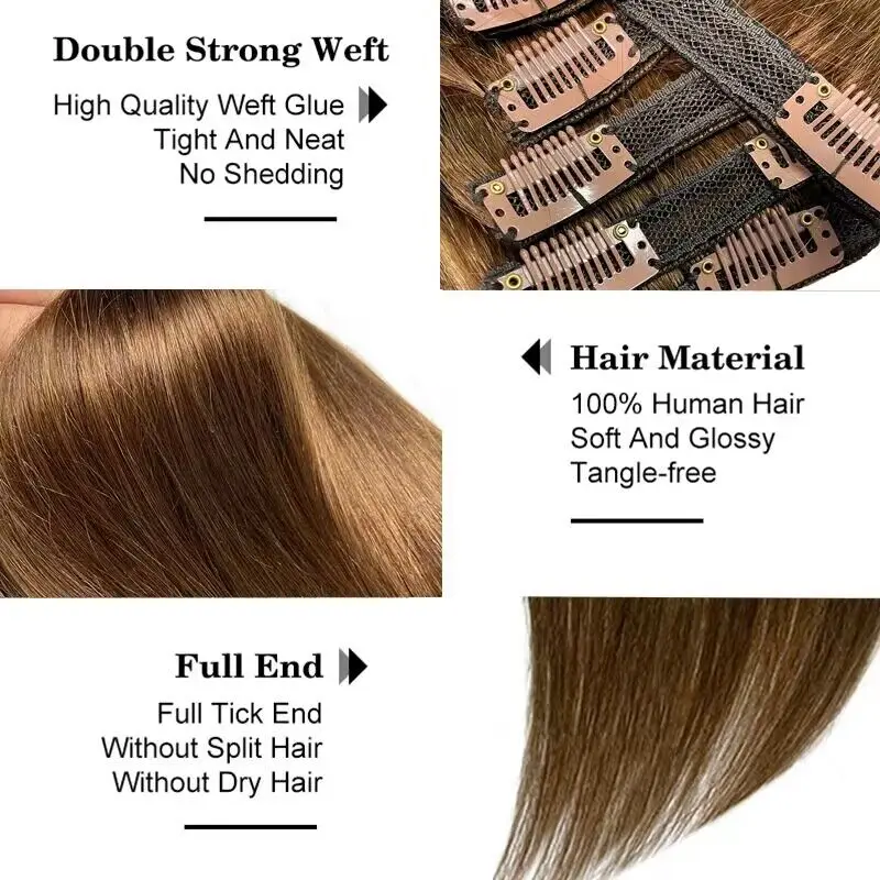 120G 8 Piezas/Set de Extensiones de Cabello con Clip, Cabello Humano Brasileño Remy Lacio de 10 a 26 Pulgadas, Color Negro Natural 4 y 613 para Mujeres 4