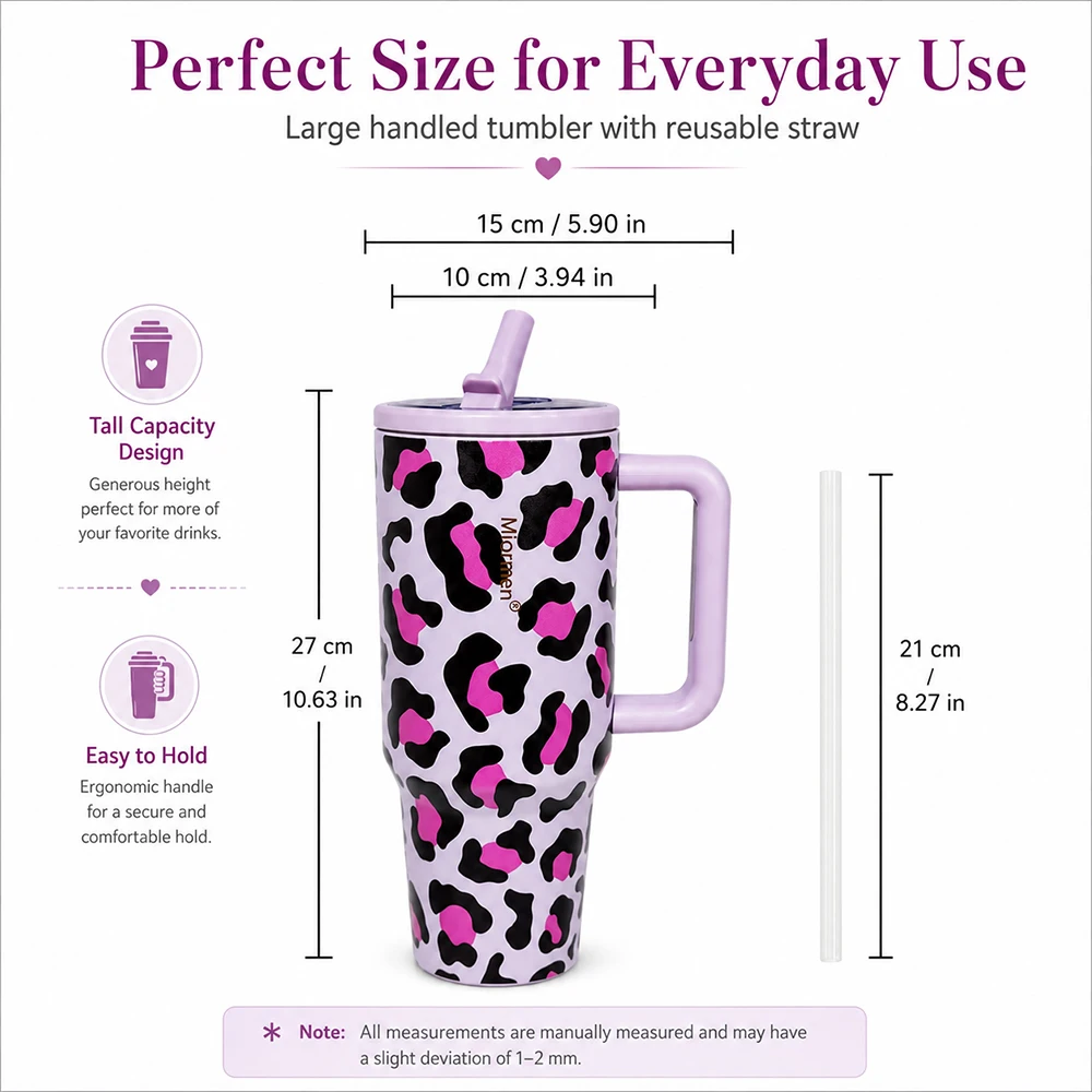 40oz Leopard Print Stainless Steel Tumbler with Handle Straw Lid Vacuum Insulated Travel Coffee Mug