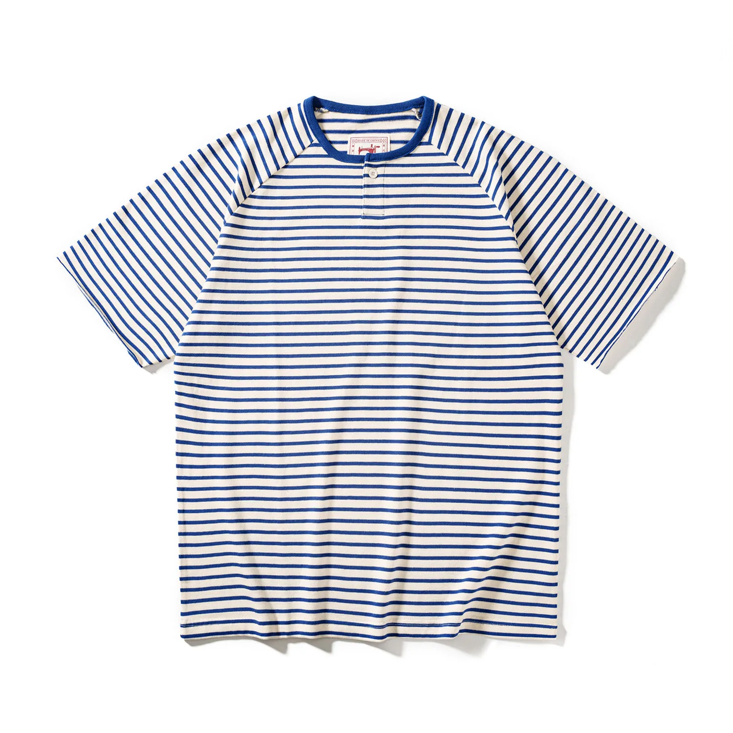 

Akkad Kuti 2025 New Retro Sea Soul Shirt Men's Henry Collar Short Sleeve T-shirt Heavy Shoulder Sleeve Loose Stripe T-shirt