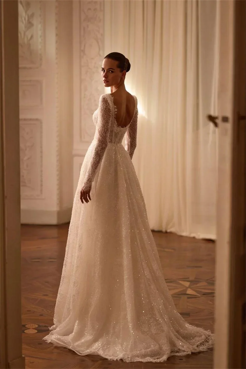 Flavinke Aangepaste Charmante Elegantie Kralen Kraag Trouwjurken A-lijn Lange Mouwen Avondjurken vestido de noiva