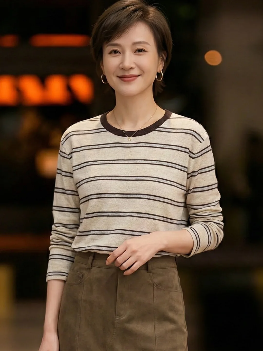 

Comfortable Wool Linen Blend Knitted Base Shirt round Neck T-Shirt Striped Casual Loose Fit Soft Polyester Fiber Blend Long S...