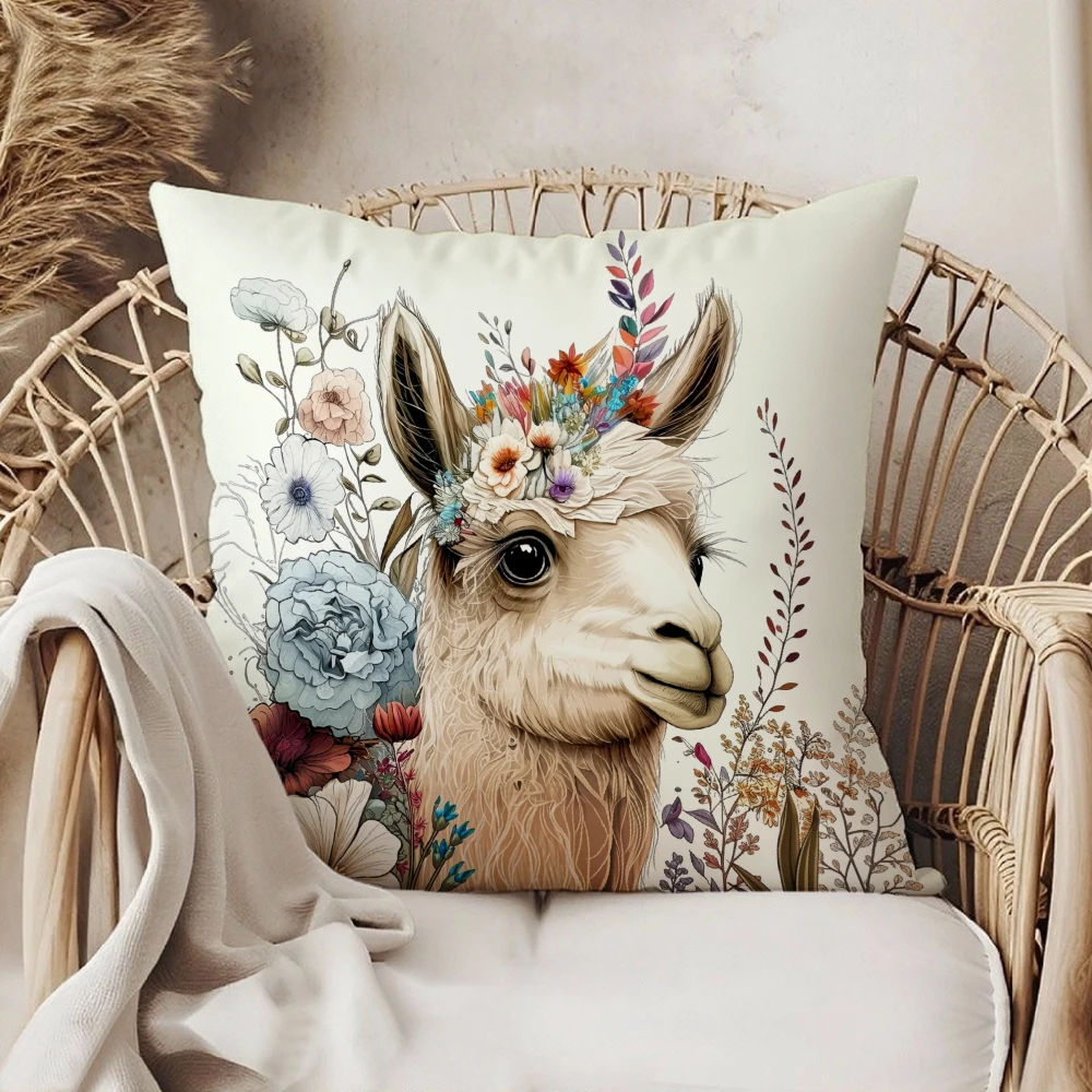 Square Throw Pillow Case Cream White Floral Alpaca Llama Print Boho Home Decor For Sofa Bedroom Living Room Chair Cushion Cover