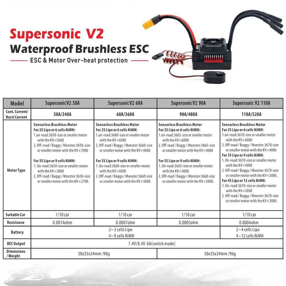 Supersonic V2 Waterproof RC Brushless ESC 50A 60A 90A 110A 130A 160A Speed Controller for 1/7 1/8 1/10 RC Car Buggy Truck Parts