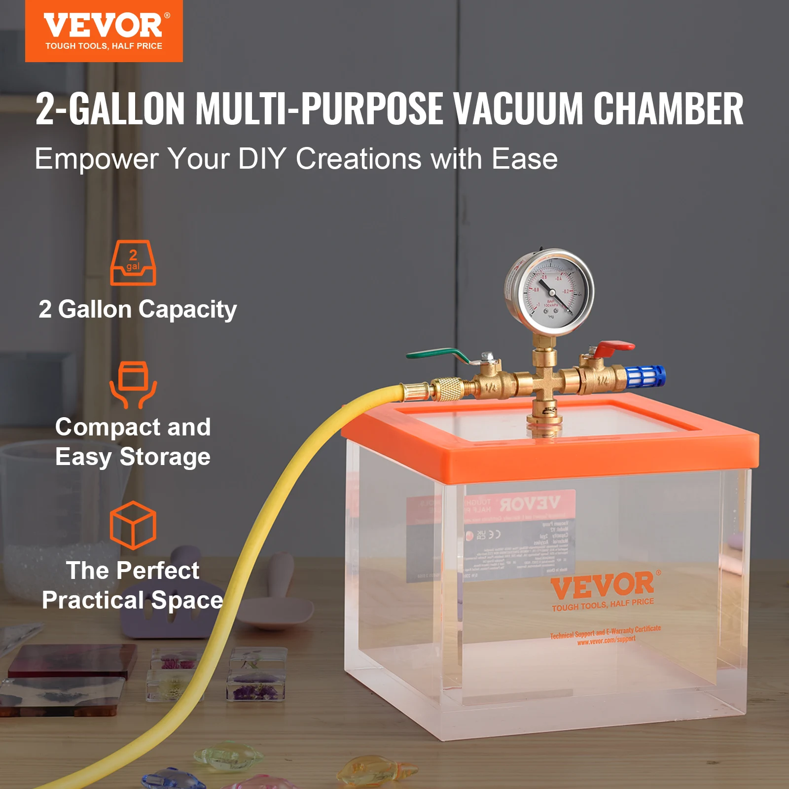 VEVOR 2 Gallon Vacuum Chamber Upgraded Multipurpose Acrylic for Resin Silica Degassing, Gel Gypsum Degassing, Vacuum Extraction