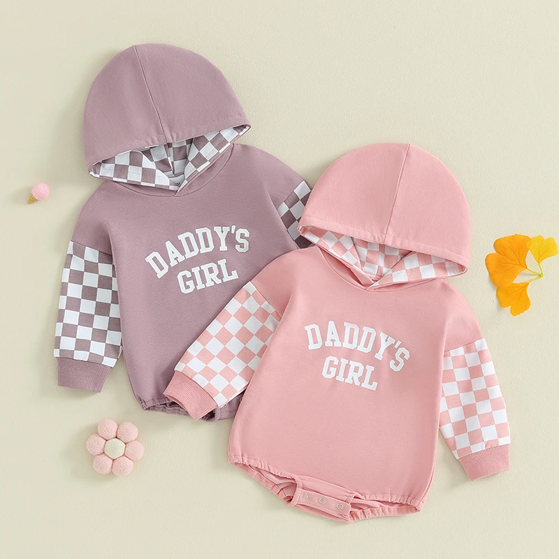 

2023-10-11 Lioraitiin 0-18M Autumn Baby Girls Hooded Romper Long Sleeve Letter Checkerboard Print Patchwork Romper