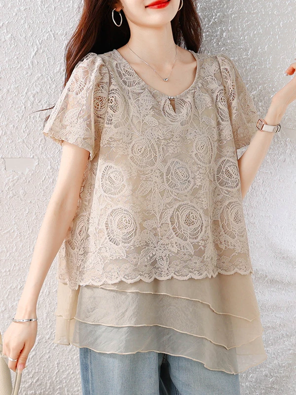 

Fashionable Lace Splice Short Sleeve Women's Shirt Summer New Arrival Artistic Style Loose Fit Polyester Fiber Casual Top