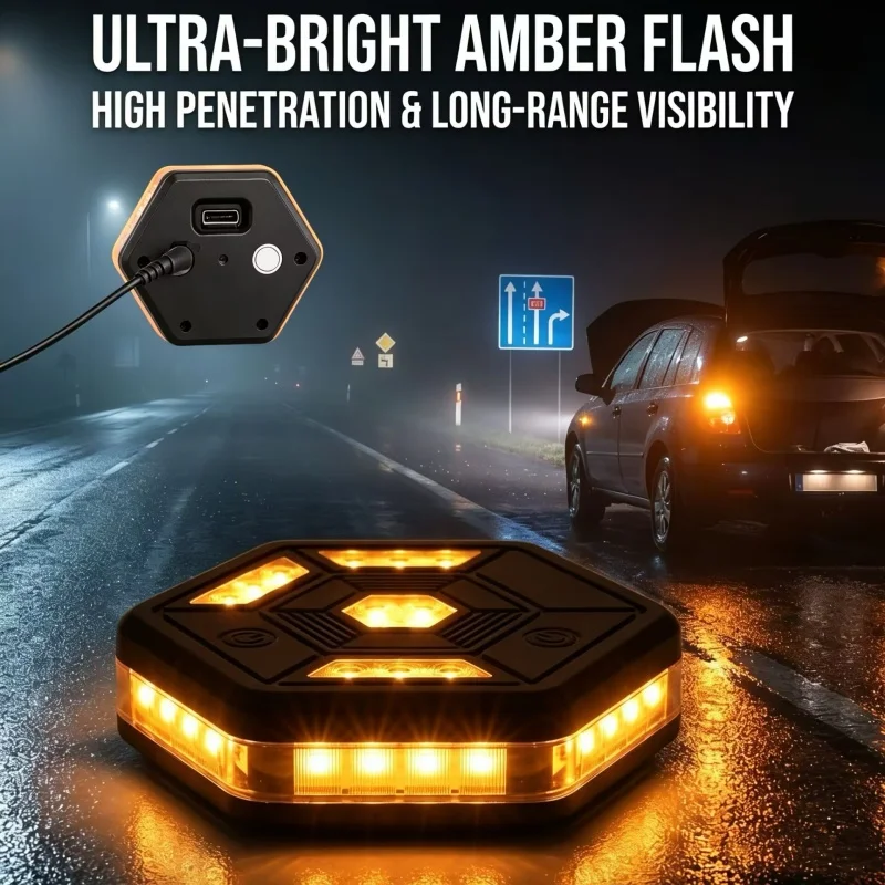 

USB Rechargeable LED Road Flare Orange Warning Light Magnetic Emergency Beacon Flashing Light Roadside Safety for Car Bicycle