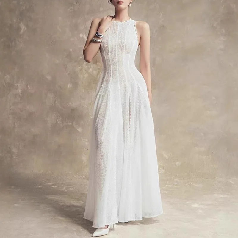

Black and White Color Contrast O-neck Sleeveless Maxi Dresses for Women Luxury 2025 Summer New High Waist Lace Party Dress