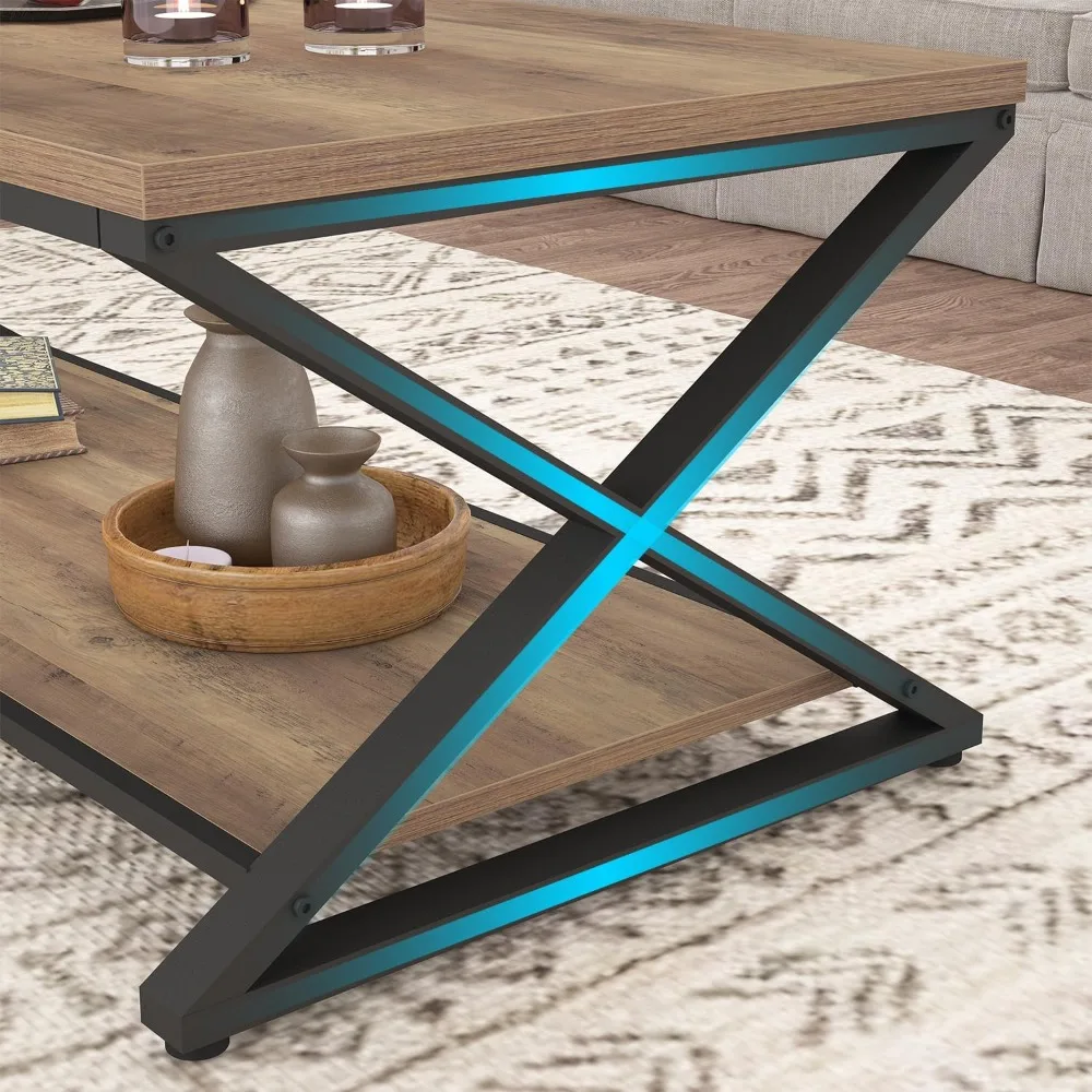 Rustic Wood Coffee Table, Farmhouse Living Room Table, Sofa Table with Storage & Display Shelf, 2 Tier Rectangle Tea Table