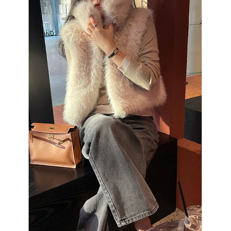 

Ele Chic Mink Fur Vest Turn-down Collar Fur Coat Outerwear Korean Sle Women's Sweater Spring Autumn Winter