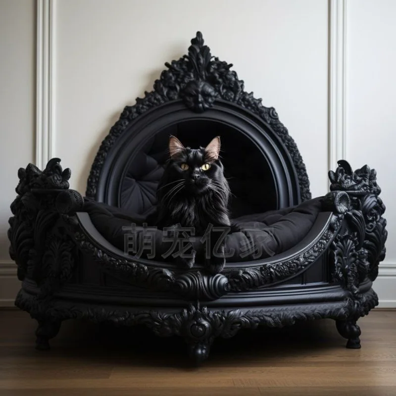 

Gothic style dark cat kennel indoor solid wood carving flower European French cat bed dog bed size can be customized