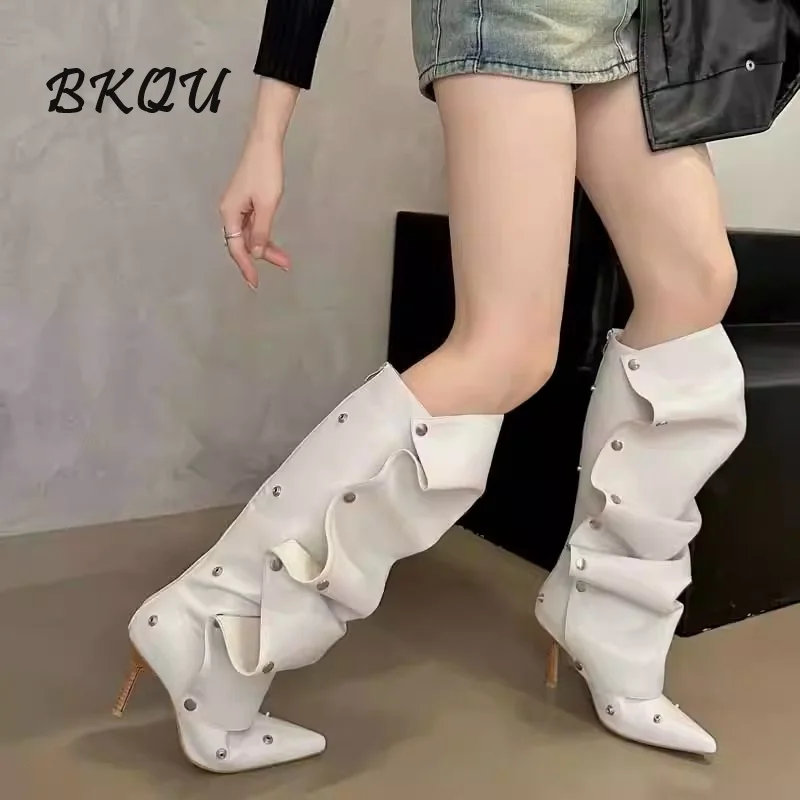 BKQU Brand 2024 Trend New Western Cowboy Pile Boots Cossack Design Sense High Quality Free Shipping 5cm Skinny Heel Women