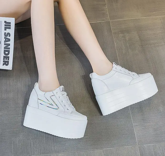 High quality 12cm Synthetic Genuine Leather Boot Ankle Women Autumn Spring Cowboy Platform Wedge High Brand Chunky Sneaker Shoes