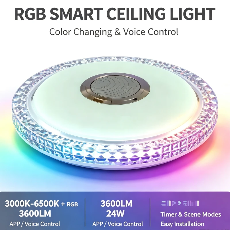Smart RGB LED Ceiling Light with Bluetooth Music Sync, App & Remote Control, Crystal Edge Design, Dimmable