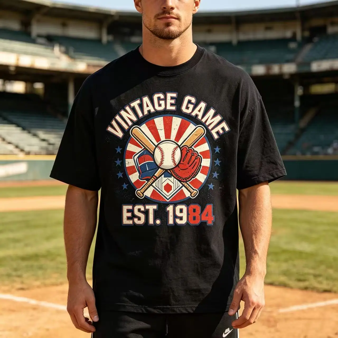 Unisex Vintage Game EST.1984 Baseball Bat Glove Retro Distressed Graphic T‑Shirt Men Women Sport Aesthetic Print Oversized Casual Tee