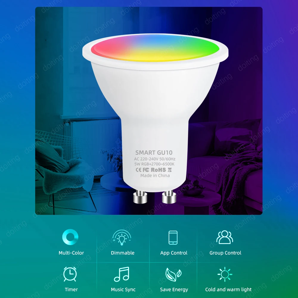 스마트 라이프 블루투스 와이파이 LED 전구, 밝기 조절 투야 앱 그룹, 알렉사 구글 홈 음성 제어, 타이밍 스포트라이트, GU10 RGB 220V
