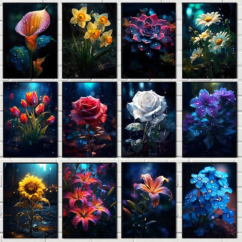 Coloful Plant Rainy Flower Poster Canvas Painting Rose Art Nordic Posters Prints Wall Pictures Modern Living Room Decor Cuadro