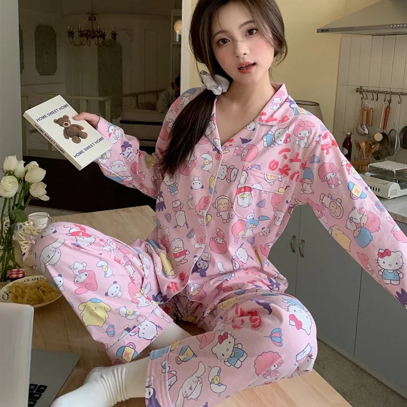 Sanrio's new Hello Kitty silk pajamas female cute cartoon casual comfortable cool breathable pure cotton home pajamas set