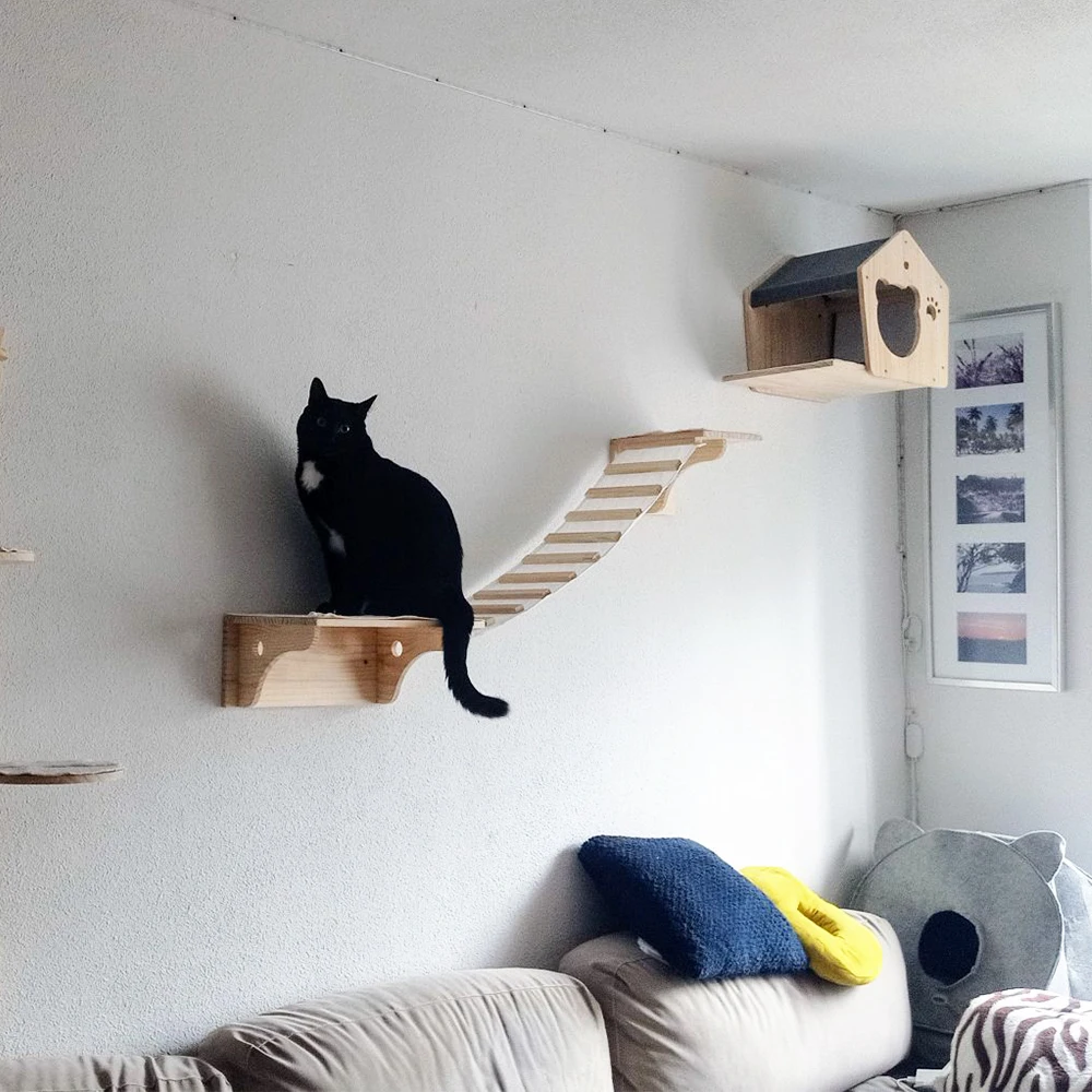 1 Piece Wall Mounted Wooden Cat House Cat Bridge Cat Hammock Hanging Bed with Jumping Platform for Kitten Perch and Rest