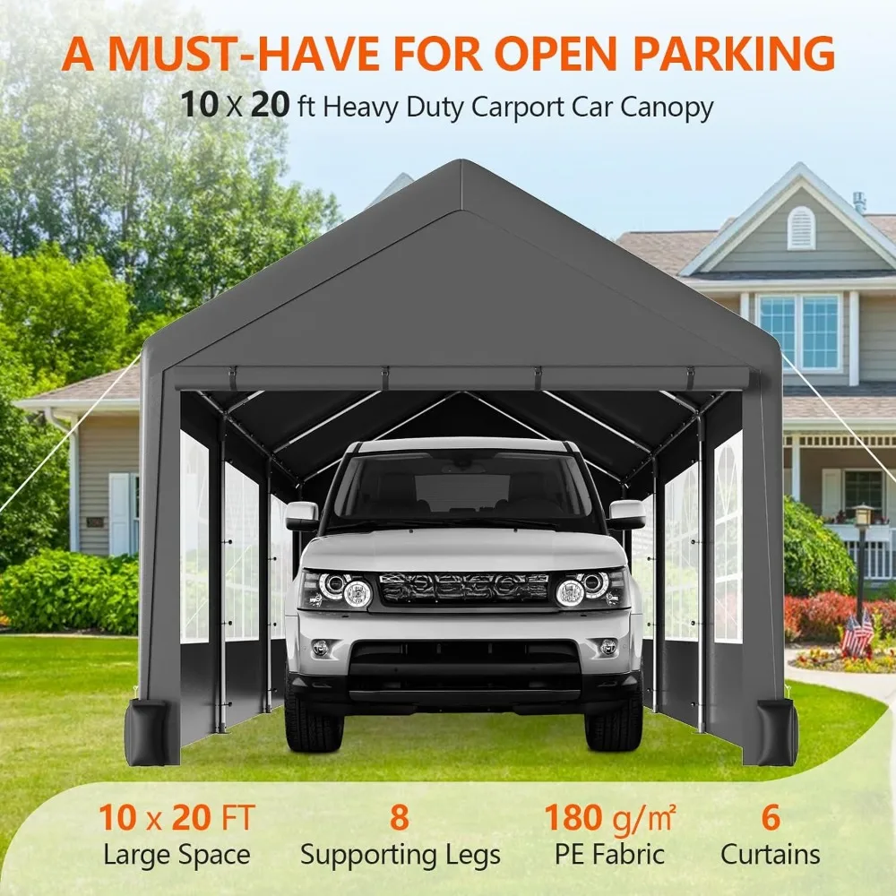 Carport 10* 20 Heavy Duty Canopy,6 Roll-up Windows and All-Season Tarp Cover, Metal Roof & 4 Sandbags Storage 80 Pounds Carports