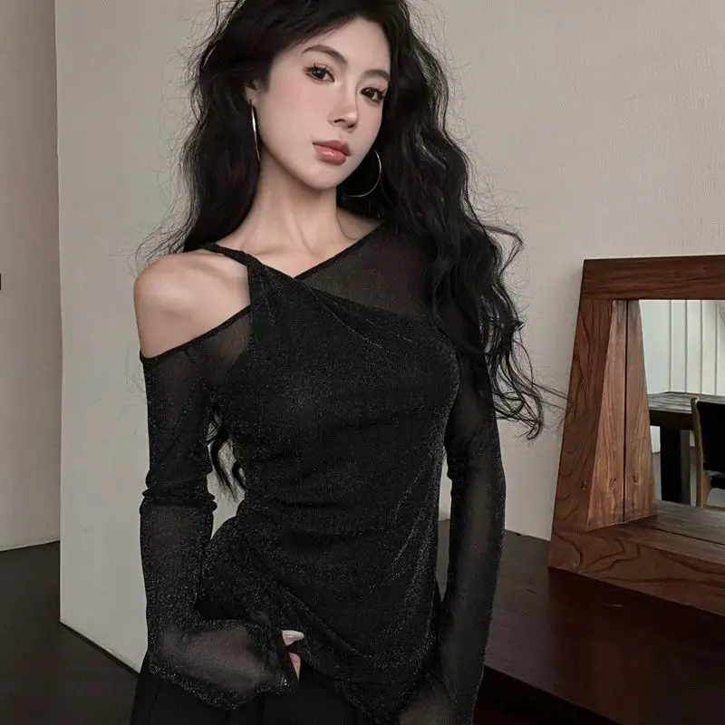 Black Shiny See-through Mesh Long-sleeved Sexy Fake Two Pieces Irregular Side Shoulder Suspender Tops Y2k Black Slim T-shirt