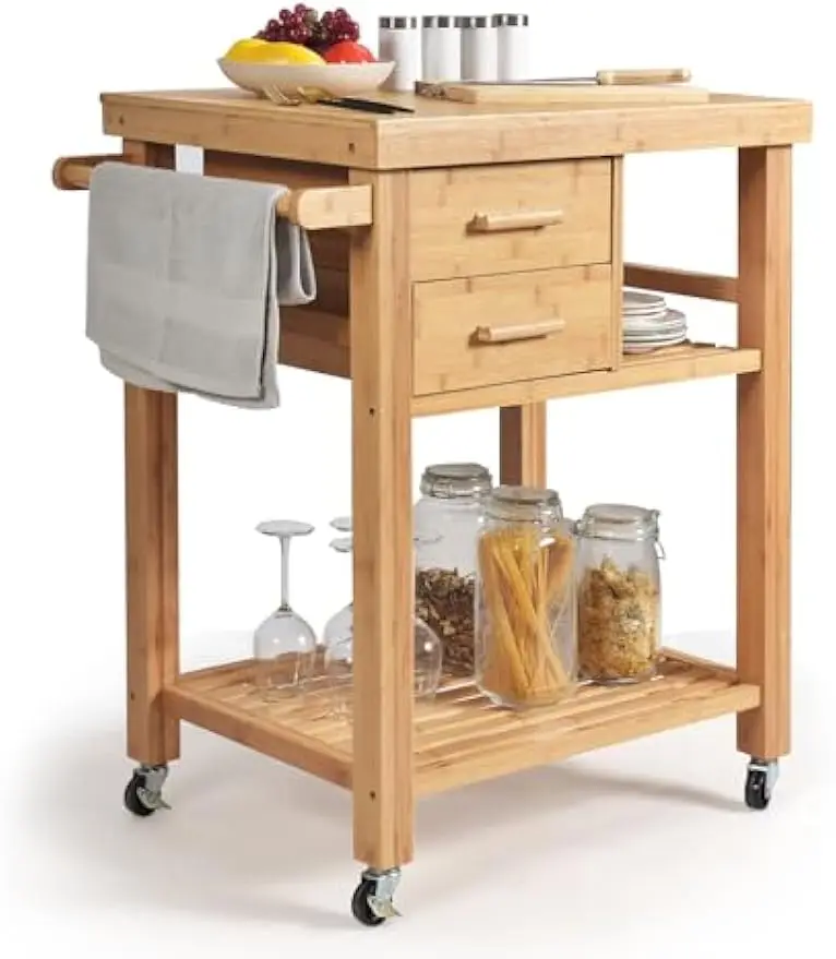 Island, Rolling Butcher Block Kitchen Cart on Wheels, Bamboo Kitchen Trolley with Drawers, Shelves, Towel Rack, Small Kitchen Is