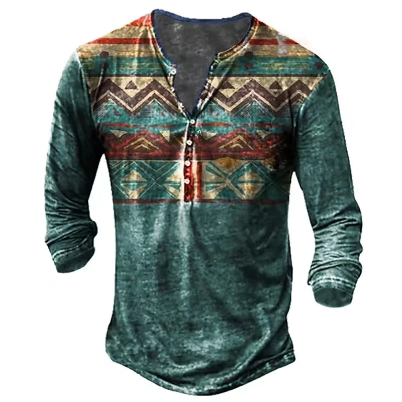 Vintage Men\'s T-Shirts With Button Ethnic Pattern Print Spring Autumn Loose O-Neck Long Sleeve Oversized T Shirts Male Clothing