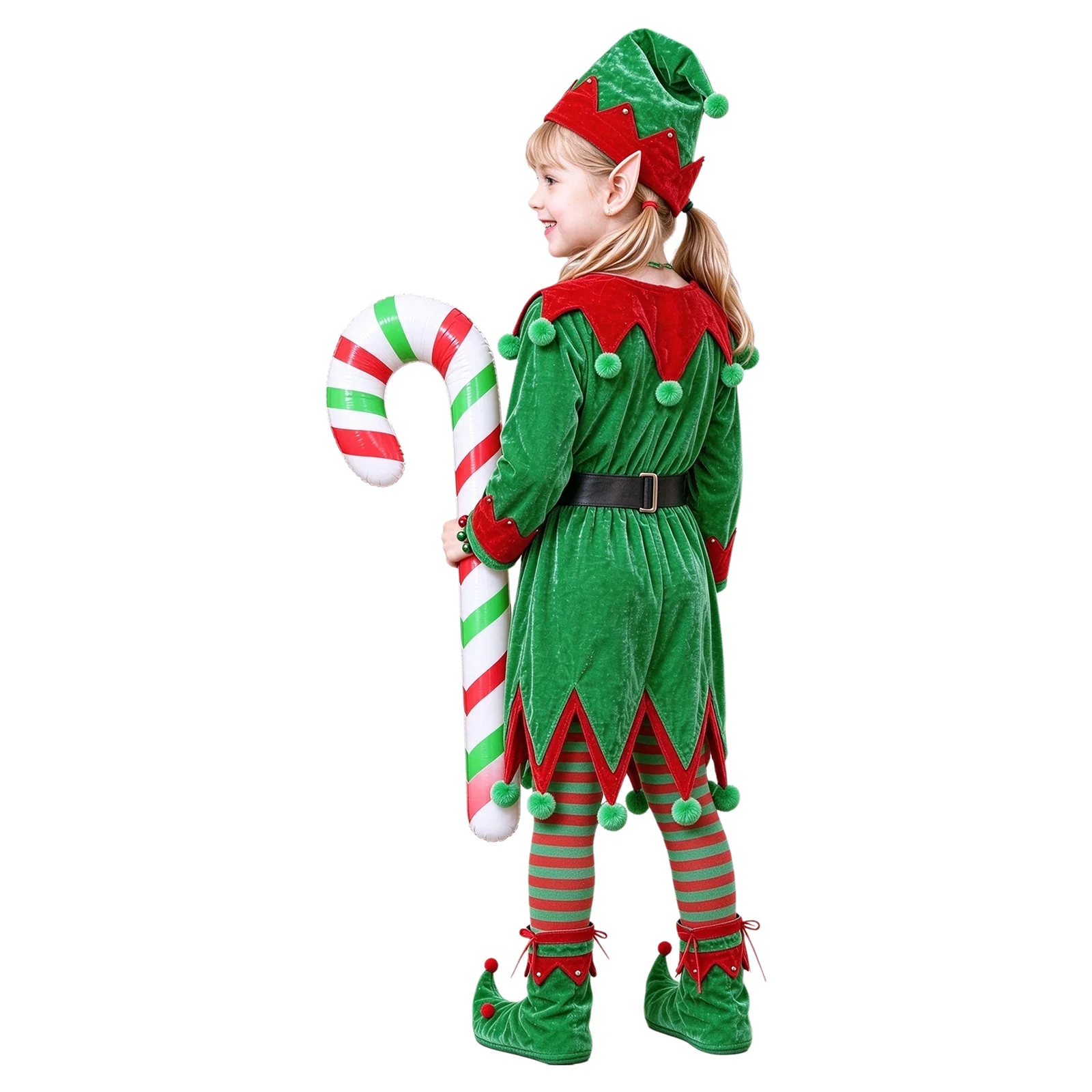 Kids Girls Christmas Elf Costume Long Sleeve Pompom Velvet Dress with Elf Ears Hat Socks Belt for Xmas Holiday Stage Performance