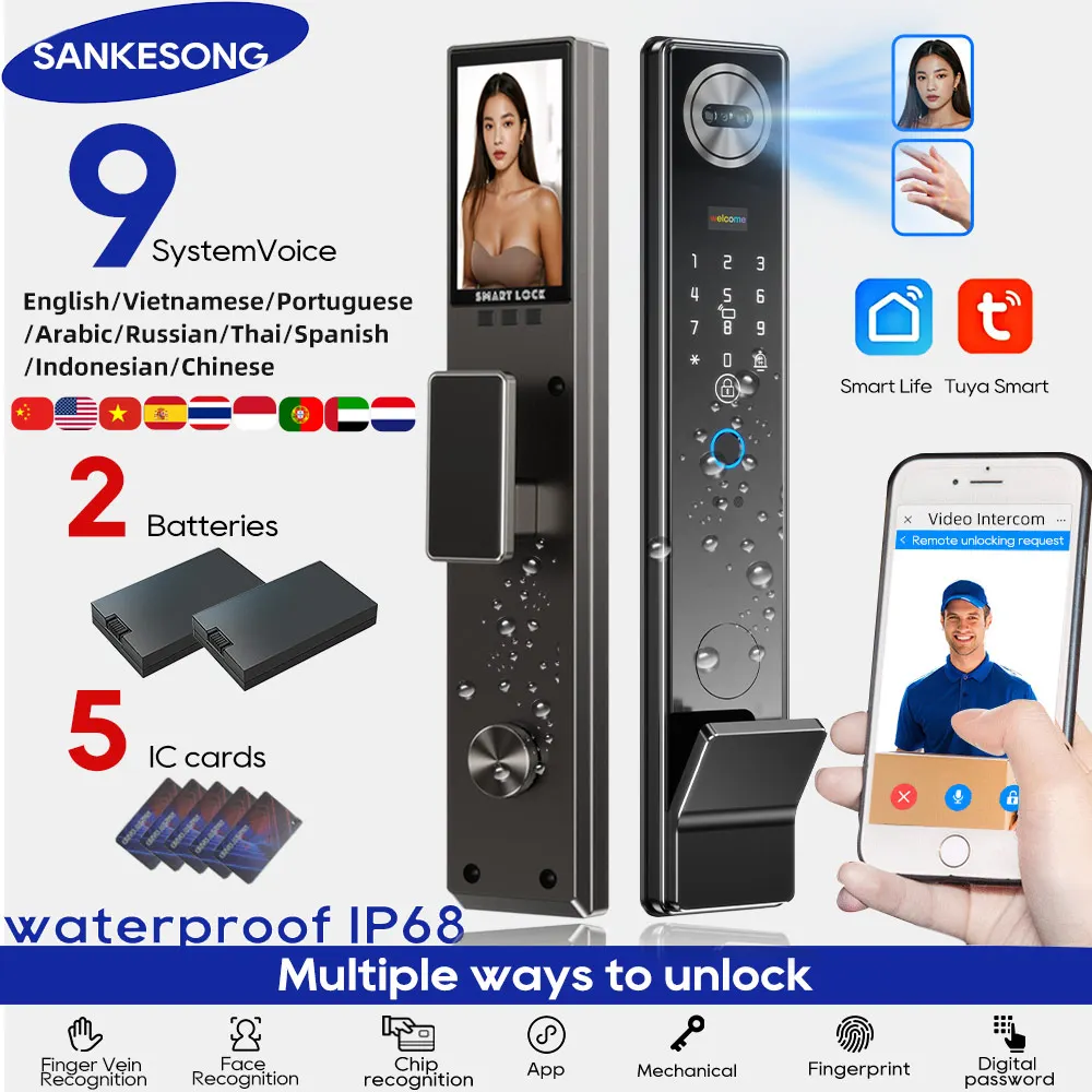 

SANKESONG 3D распознавание лиц отпечаток пальца умный дверной замок Wi-Fi камера электронный замок цифровой электронный ключ IC Card разблокировка приложения
