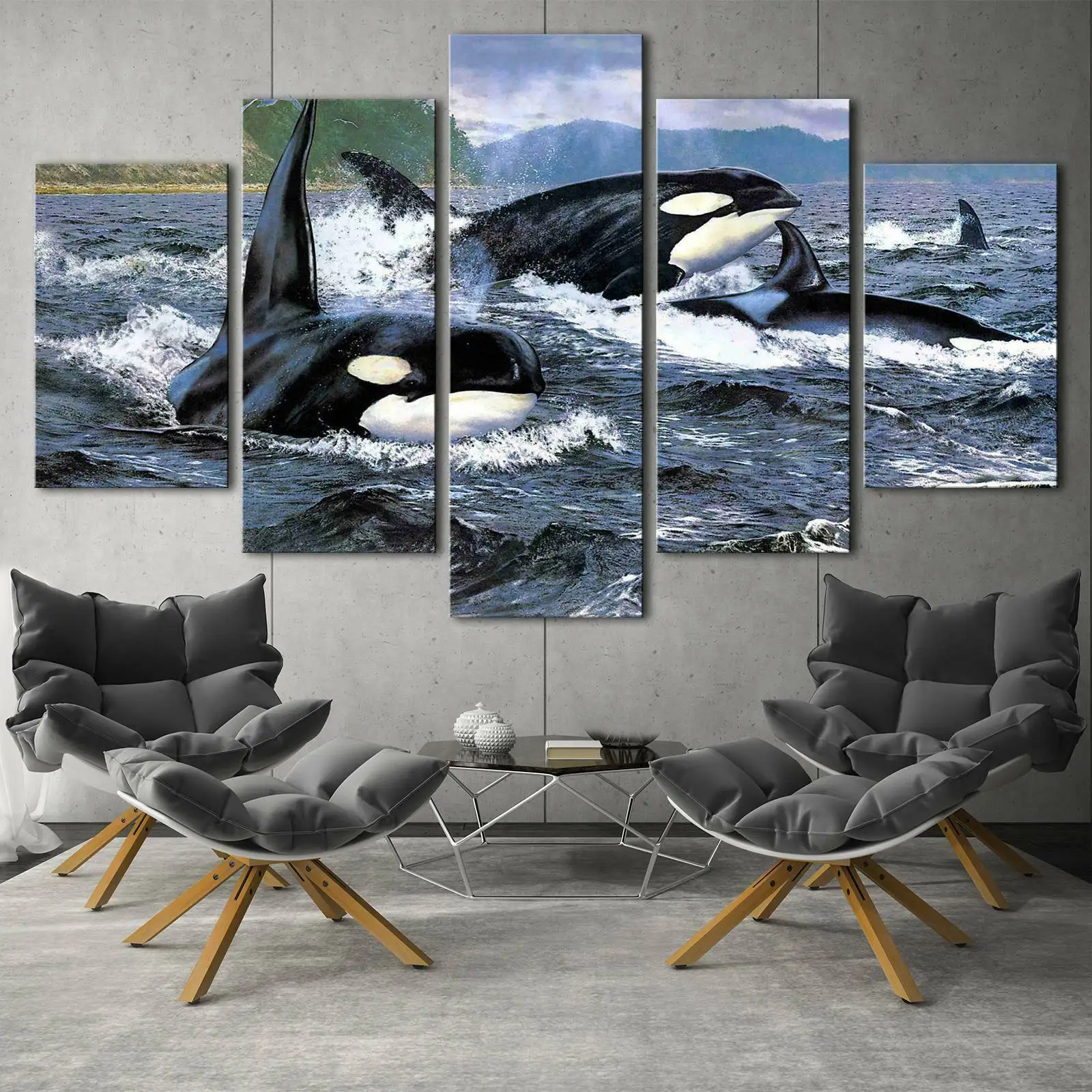 

5 Pieces Canvas Art Orca Stration Killer Whale Ocean Poster Painting Home Decor Living Room Modular Wall Picture Print Framework