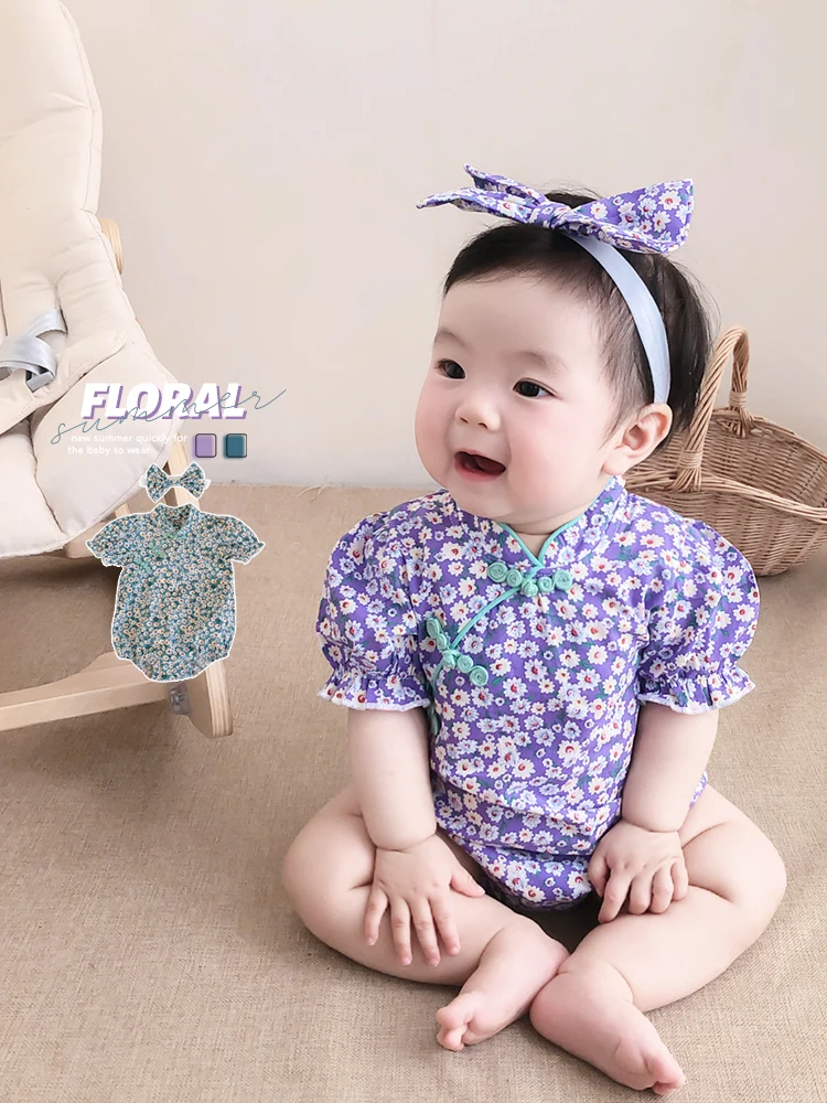 Baby Girls Romper Summer Stand Collar Puff Short Sleeve Cheongsam Romper Newborn Floral Printed Chinese Style Jumpsuit 0-2 Years