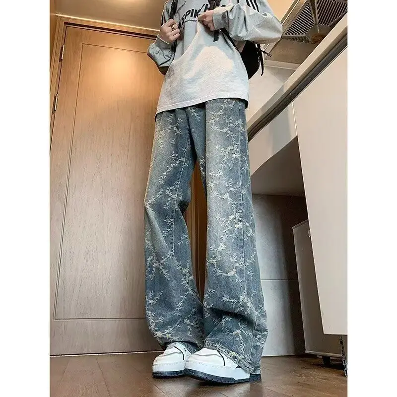 

Washed Denim Jeans Men's Spring Style Trendy Brand American High Street Embroidered Loose Fit Retro Cool Casual Pants