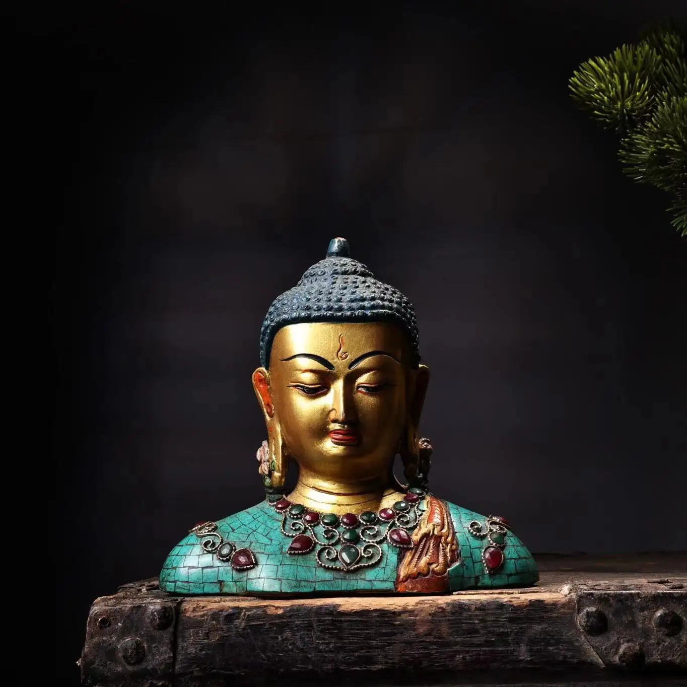 Antique Old QingDynasty Tibet copper&Set with precious stones Buddha Statue Brahma Buddha Statue Decoration Decorations