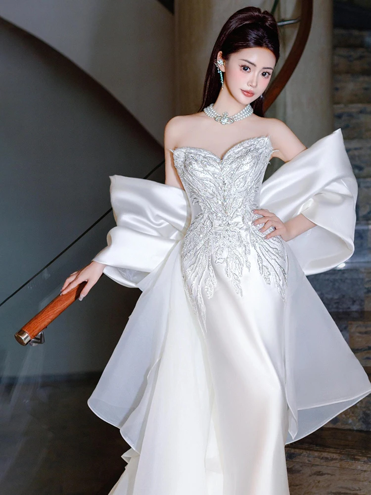 

Ele Fi Tail Wedding Dr Luxury Strapl Draped Gown for Engagement And Banquet Women's Long Evening Gown with Train