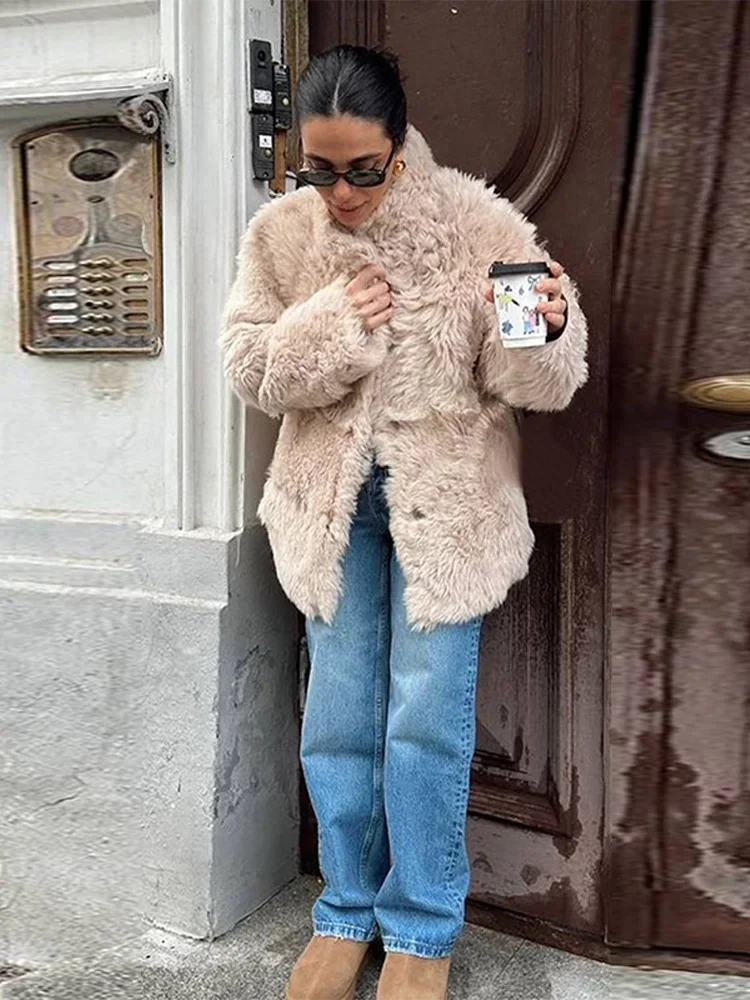 Casual namaakbont effen damesjas zachte enkele rij knopen opstaande kraag zakken vrouwelijke jassen 2025, herfst winter mode dame outwears