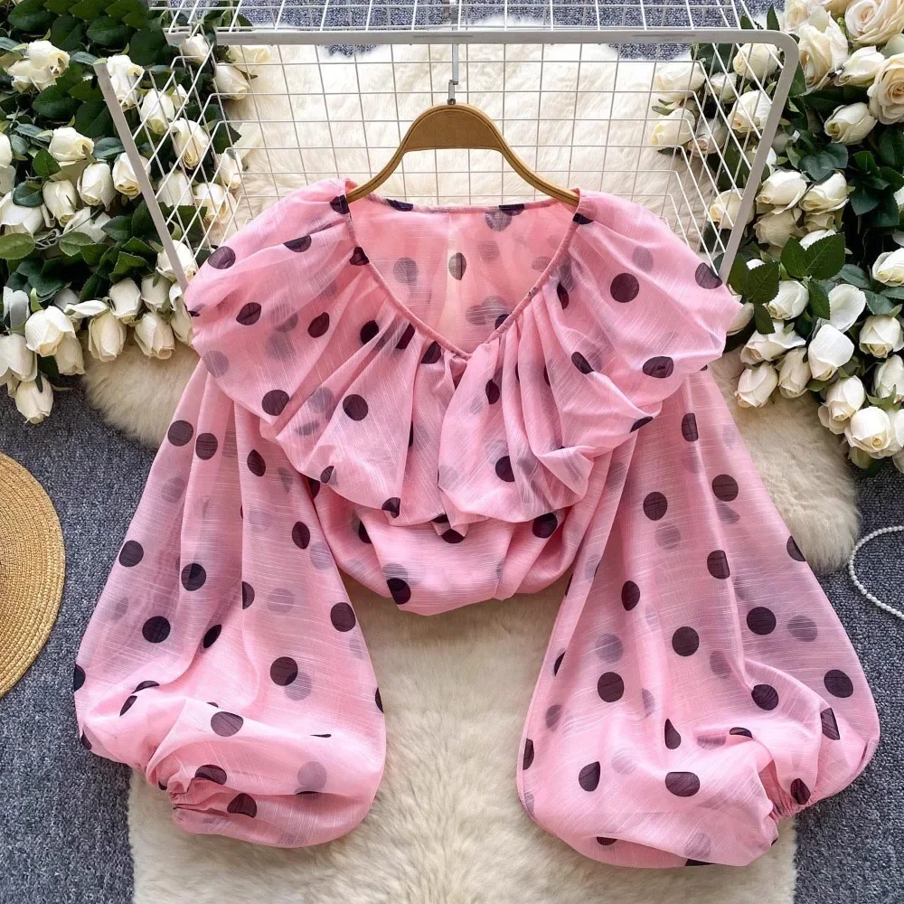 

Europe Polka Dot Puff Sleeve Exquisite Top Casual Simple Loose Ruffles All-match Shirt Minority Elegant Office Lady Mujer