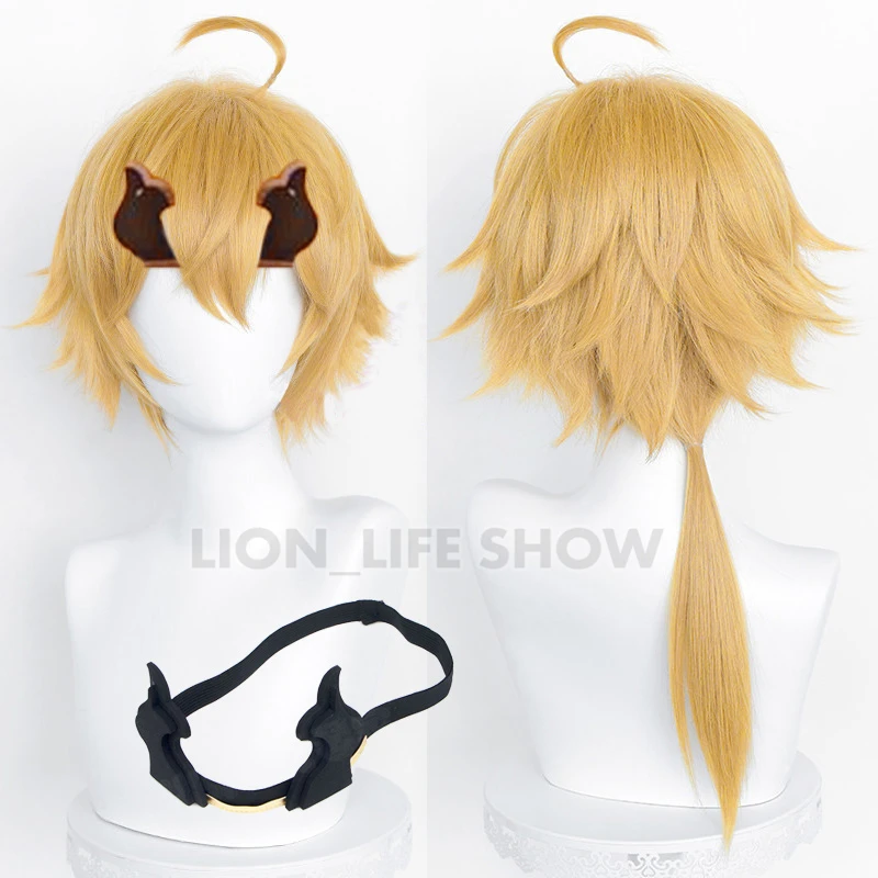 Genshin-Peluca de Cosplay Impact Thoma, cabello aumentada, diseño esponjoso con cuerno, pelucas amarillas, gorro gratis