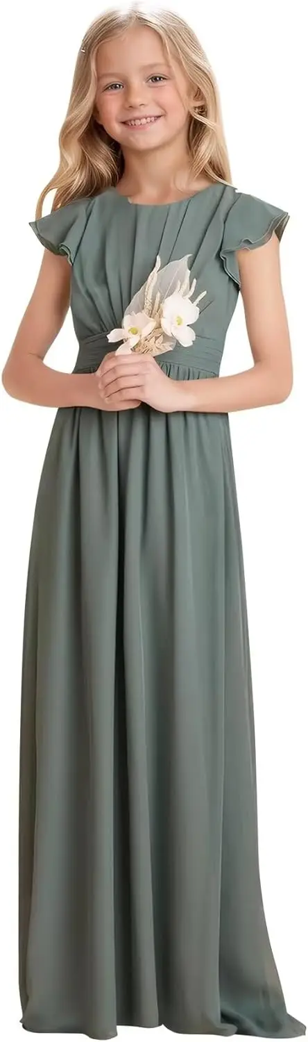 A-Linie Chiffon Junior Brautjungfernkleid Blumenmädchenkleid für Hochzeit Teenager Rüschenärmel Abschlussball Party Kleider Mädchenkleid