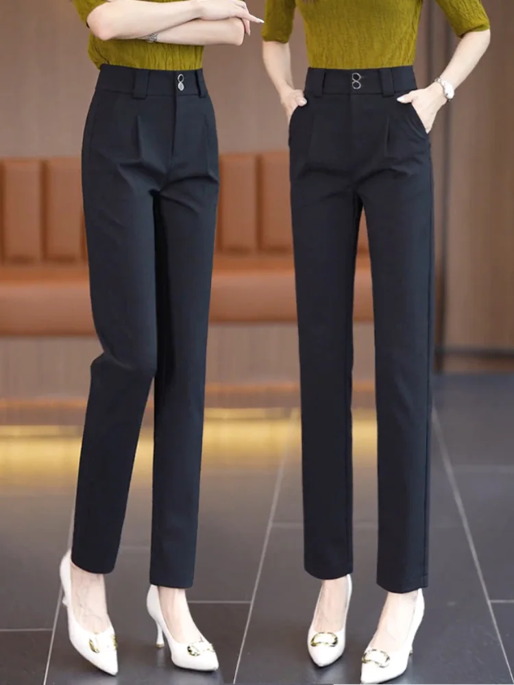 

Черные женские брюки с высокой талией, прямые, повседневные, утягивающие, осенне-весенние, новинка, укороченные, фасон «дудочки»