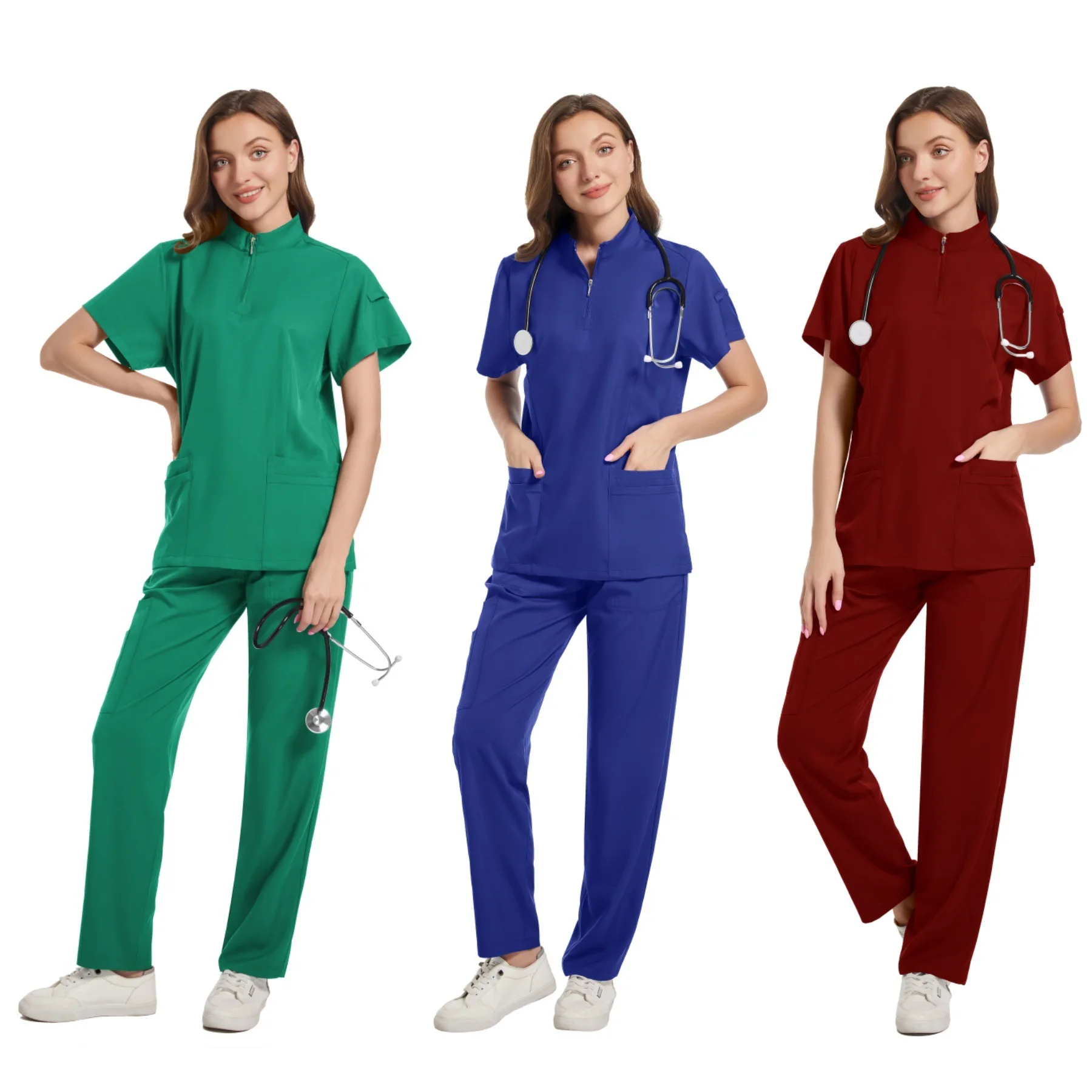 ソリッドカラーの立ち襟病院看護スタッフ、女性用手洗い服、ストレートレッグパンツ、口腔クリニック手術用ガウン