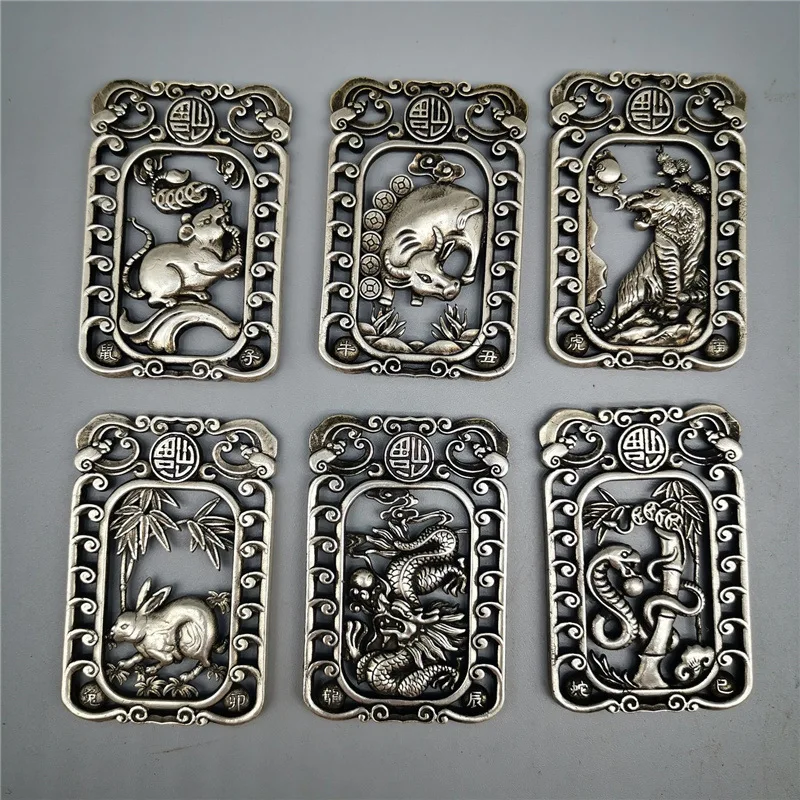 

Old Collect Miao Silver Chinese Bat and Pig Sculpture Antique Pendant Zodiac Signs Set of Twelve Gift