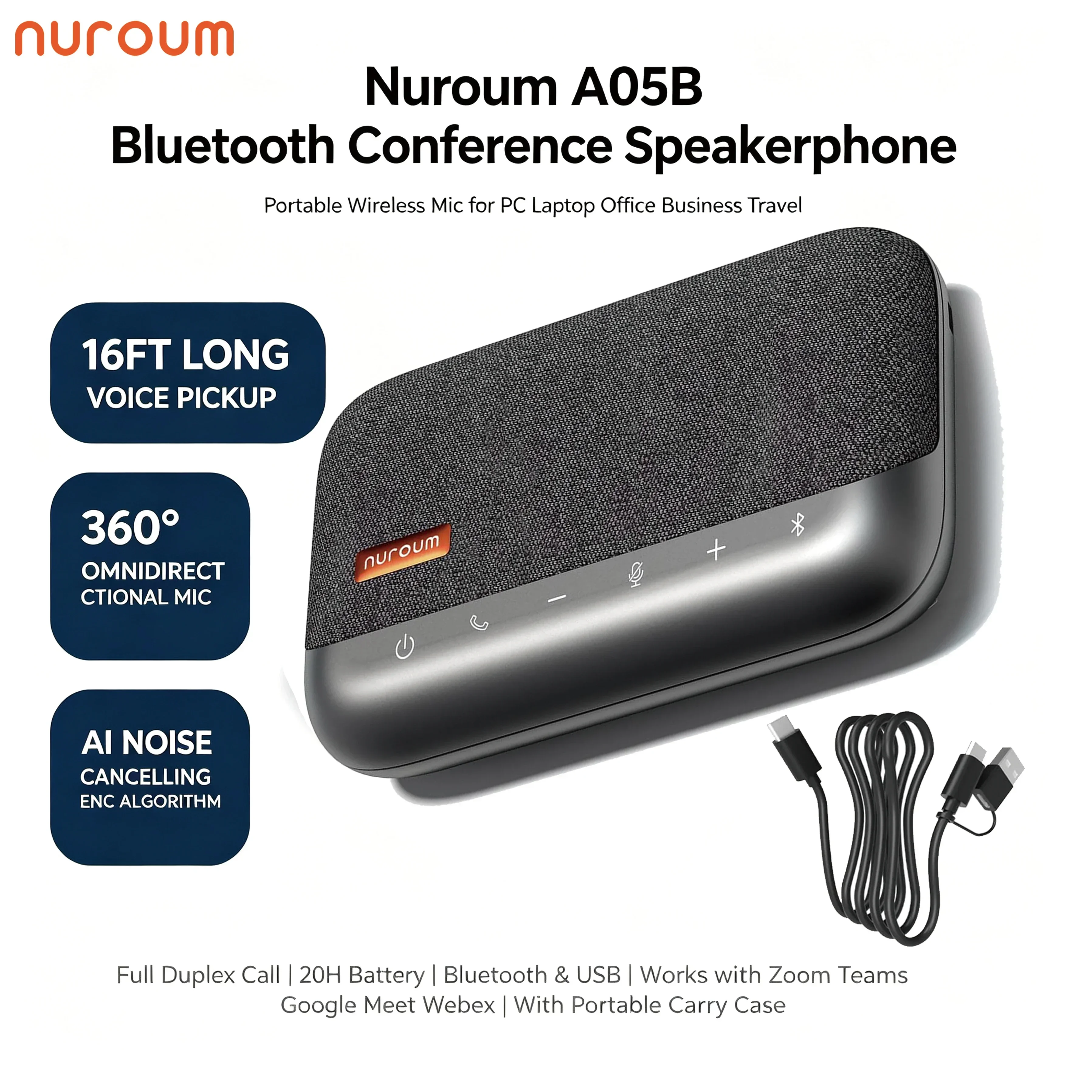 Nuroum A05B Bluetooth Speakerphone,Portable Speaker Mic,Noise Canceling,16ft Voice Pickup,Speaker for PC Laptop Office Trip