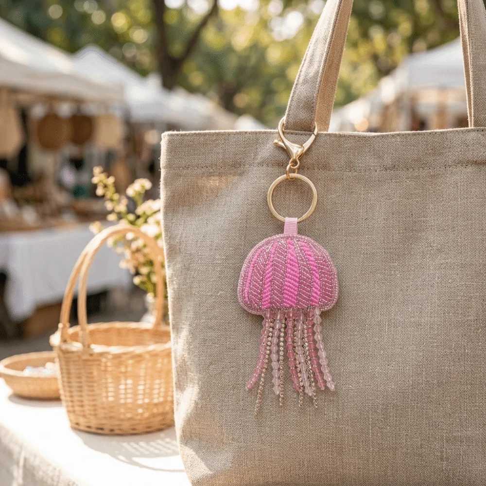 Handmade Handmade Keychain Rhinestone Beads Soft Fabric Jellyfish Patch Keychain Weighted Fabric Design