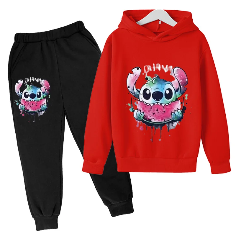 Kids Spring and Autumn Hoodies, casual sports two-piece set for boys and girls aged 3-12, 2D printed Stitch hot selling top and