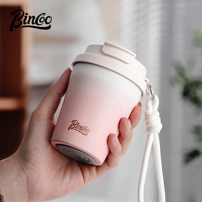 

Bincoo Thermos cup 280ML car portable coffee cup Ladies couple drink cup gradient color 304 stainless steel strap lanyside