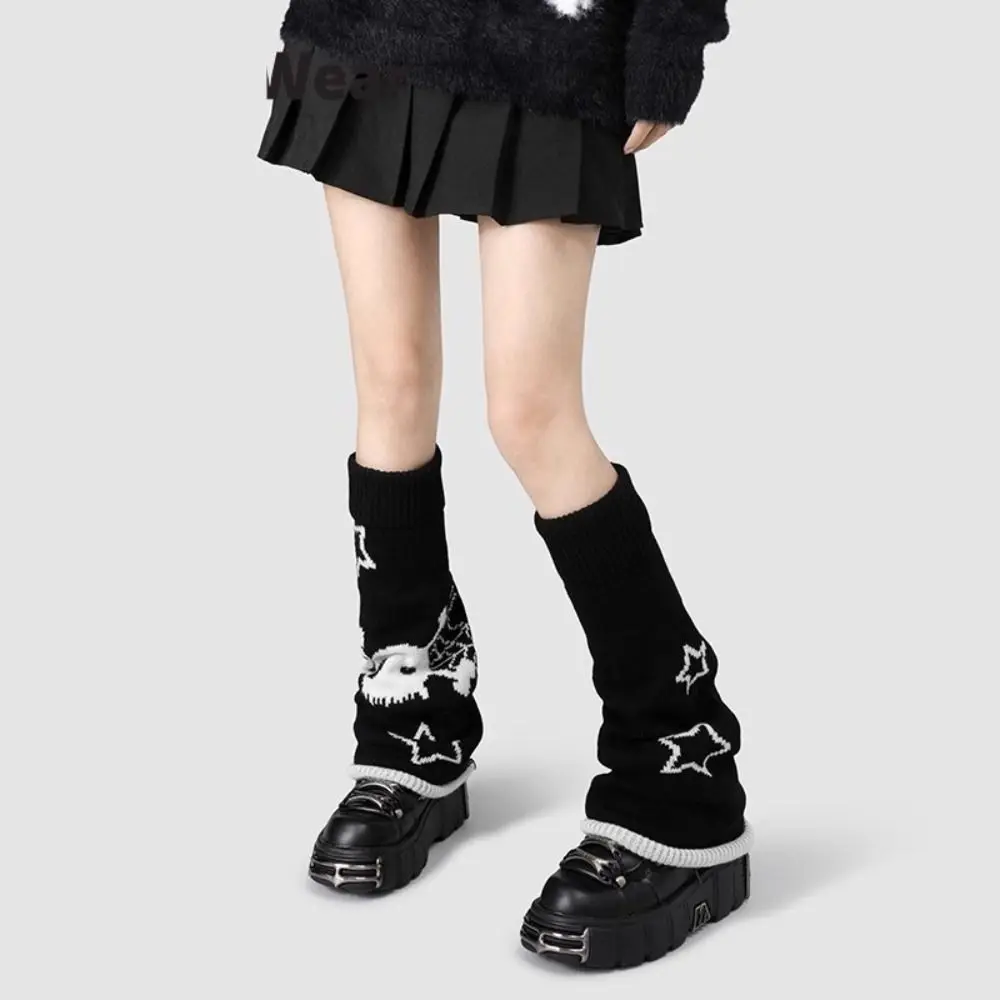 Punk Stretch Knitted Knit Leg Warmers Spider Web Pattern Cat Print Boot Cuffs Star Slouch Stacked Leg Warmers Y2K Fashion