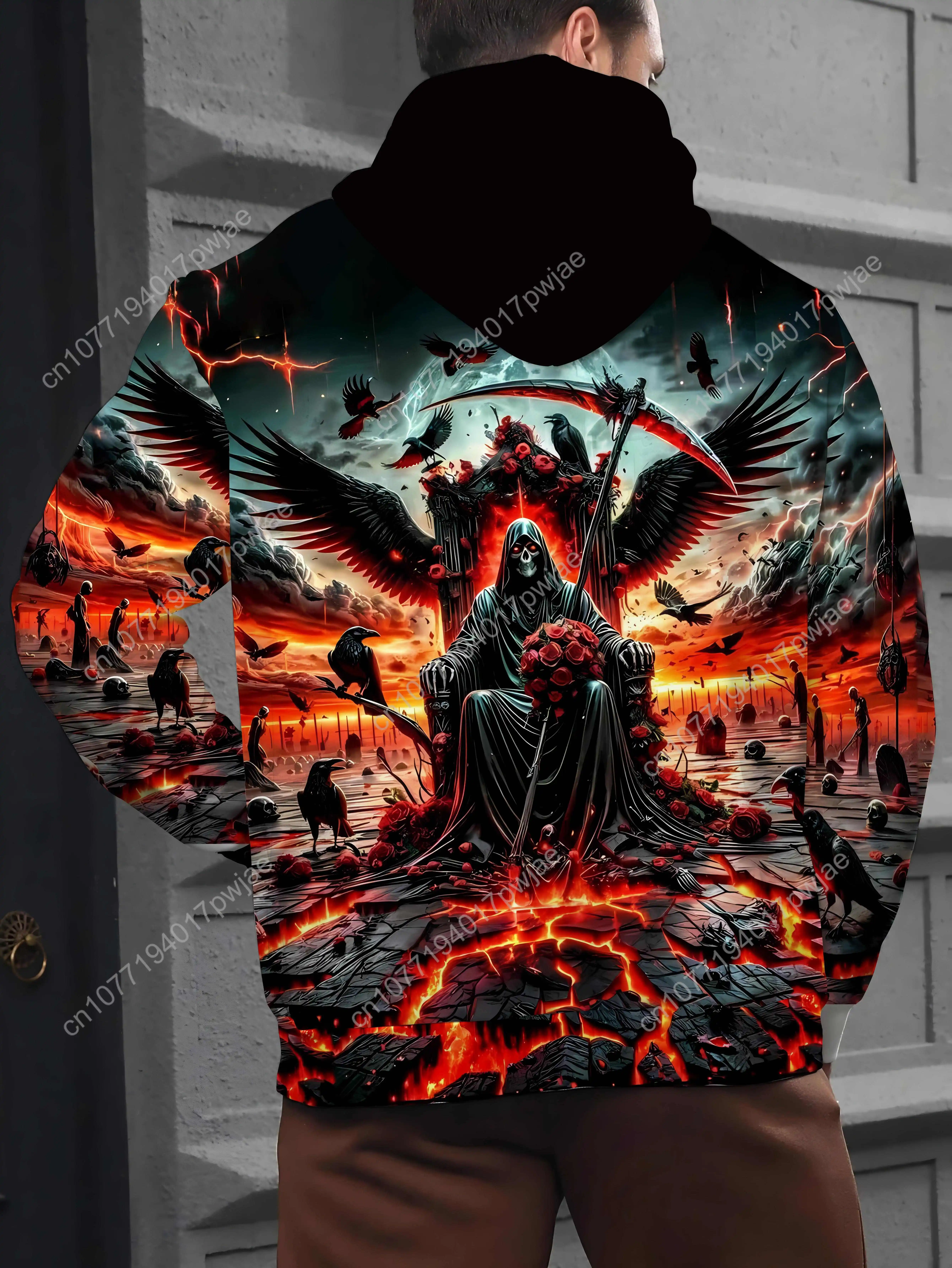 Moletom casual plus size com estampa 3D Grim Reaper – pulôver com bolso canguru, capuz com cordão para outono e inverno