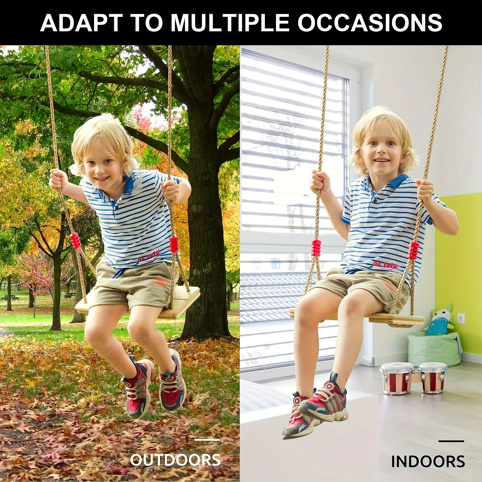 أرجوحة خارجية 1 مقعد خشبي قوي قابل للتعديل، حبال مطاطية حمراء تناسب الشباب والكبار في الفناء الخلفي/الحديقة للاستخدام الترفيهي